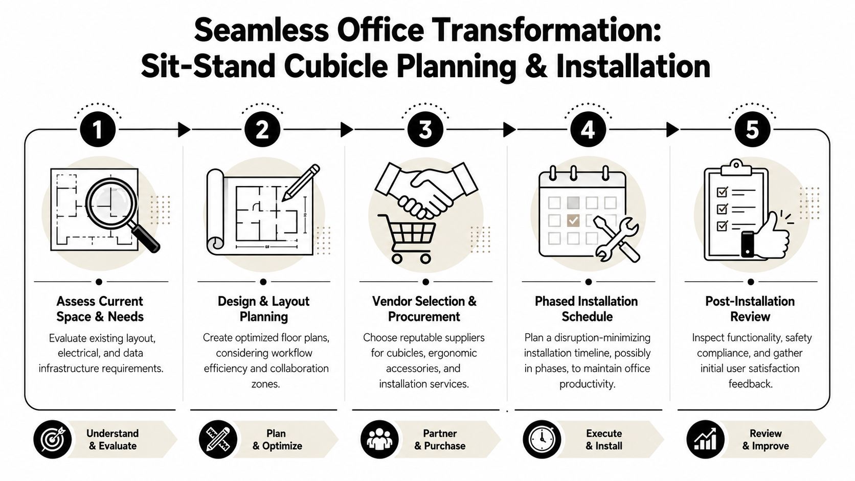 A five-step infographic outlining the office transformation process for planning and installing sit-stand cubicle workstations.