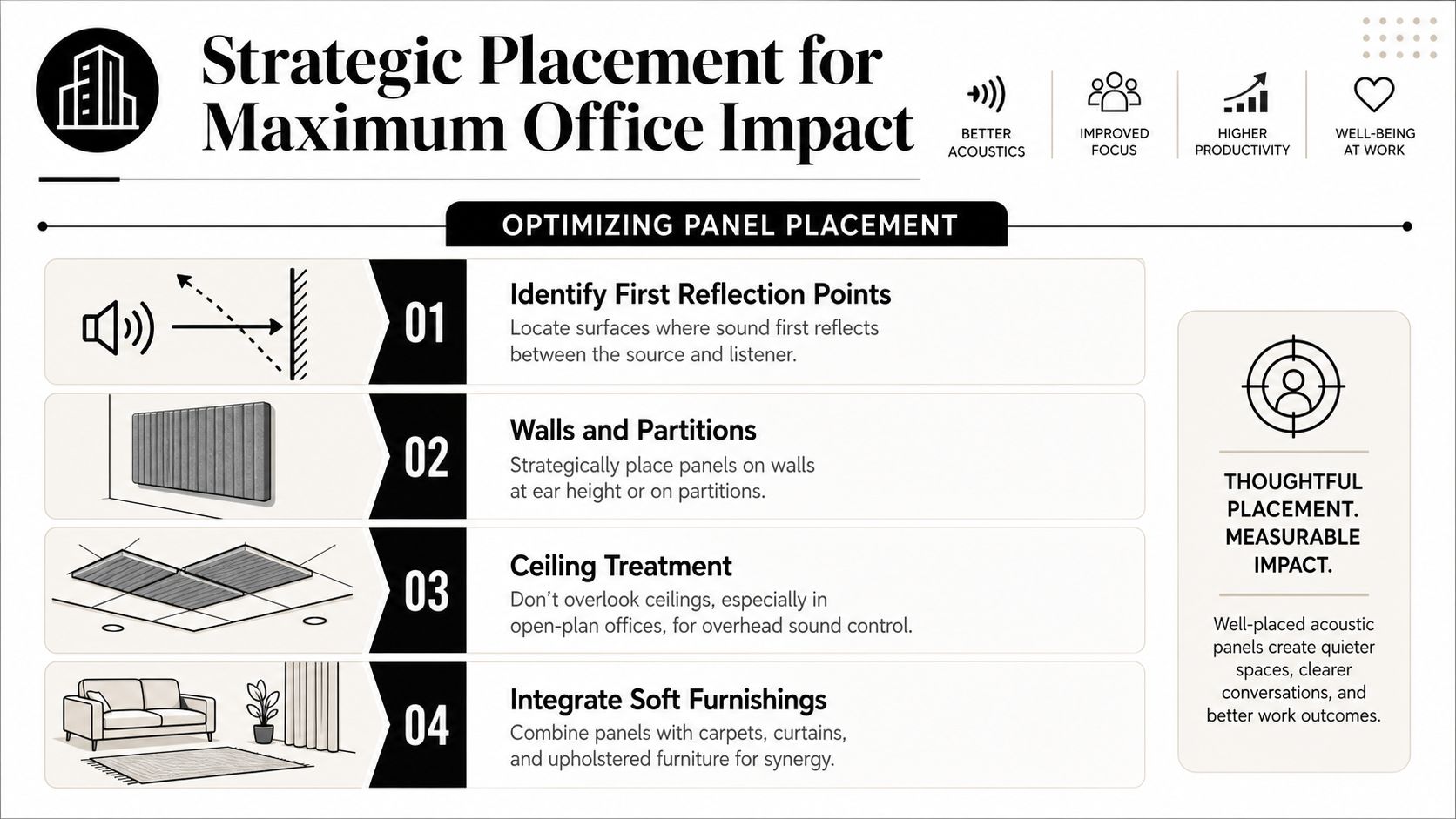 An infographic titled Strategic Placement for Maximum Office Impact, illustrating four key tips for installing office acoustic panels.