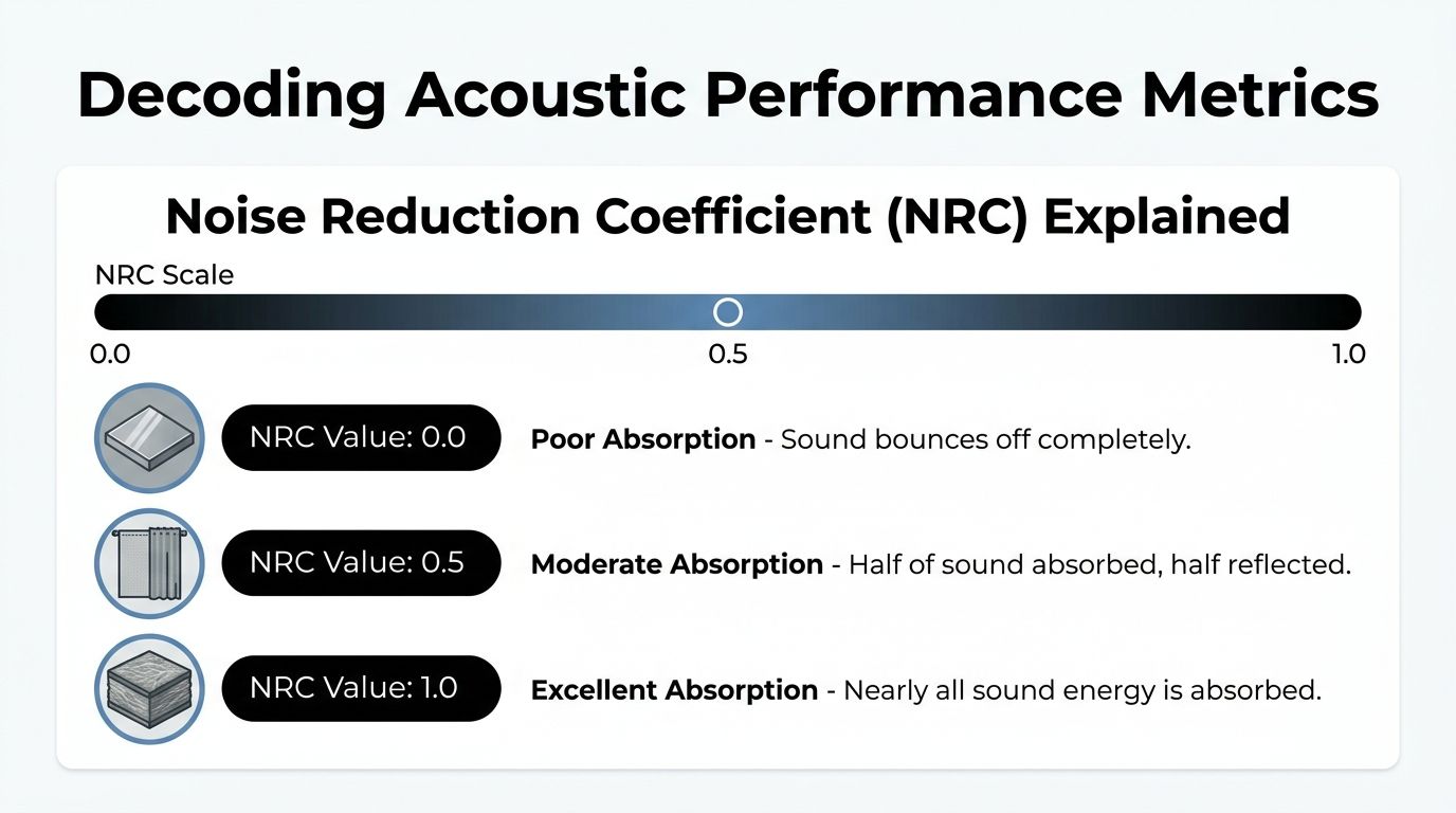A visual guide explaining the Noise Reduction Coefficient scale for sound absorption from poor to excellent performance.