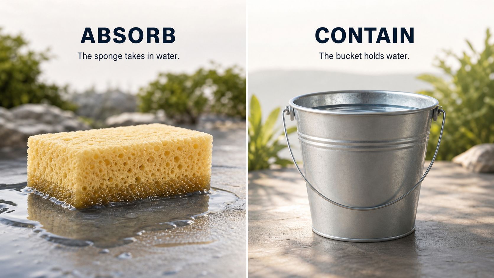 A split image comparing a yellow sponge absorbing water on the left and a metal bucket containing water.
