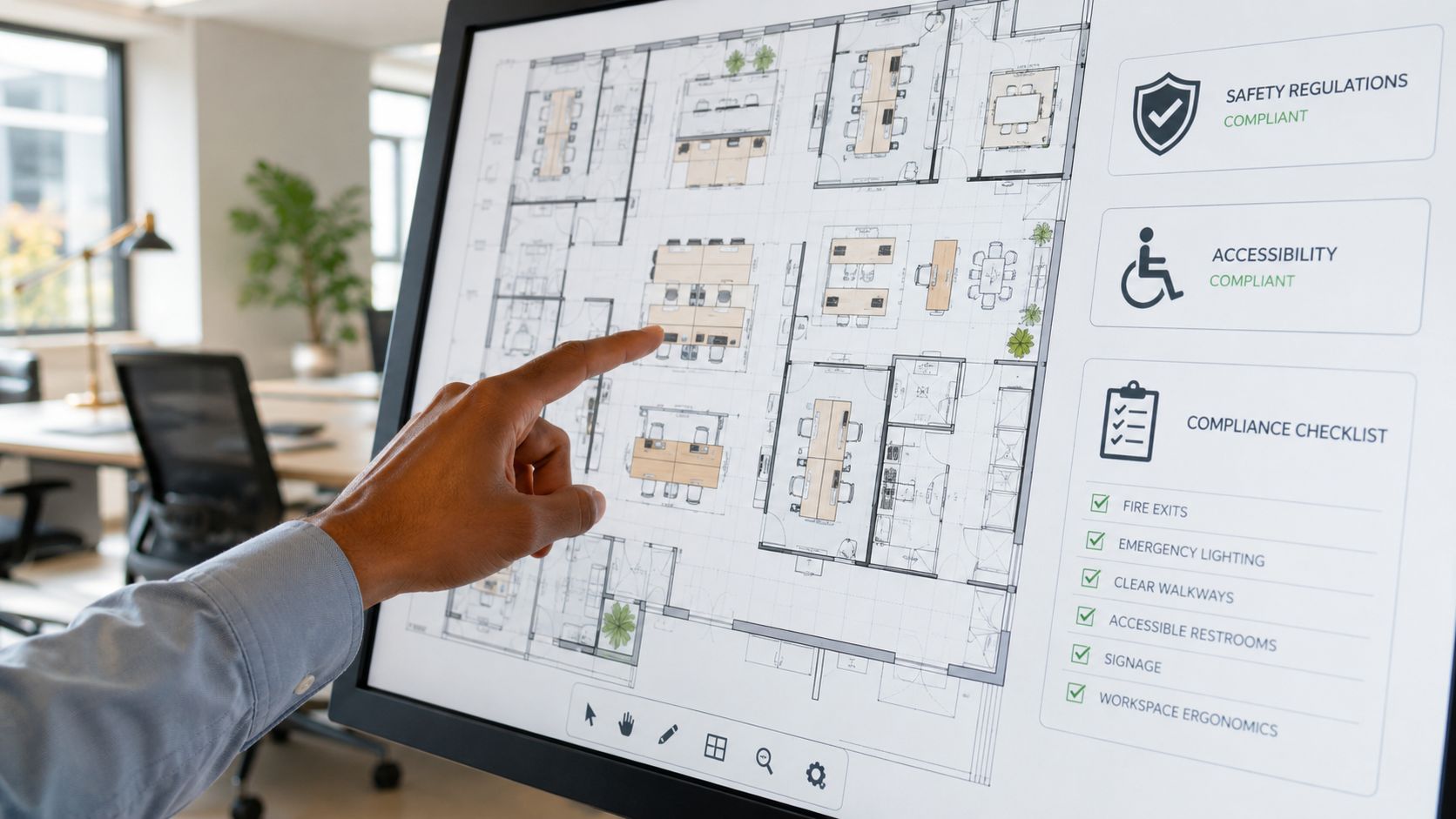 A professional analyzing a floor plan on a digital screen displaying workplace compliance and safety regulations.