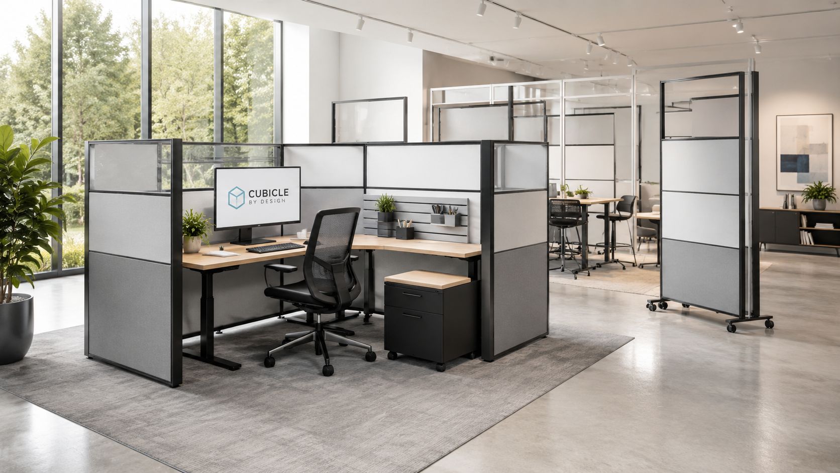 A modern, open-plan office space featuring a modular cubicle workstation with a desk, chair, and rolling storage.
