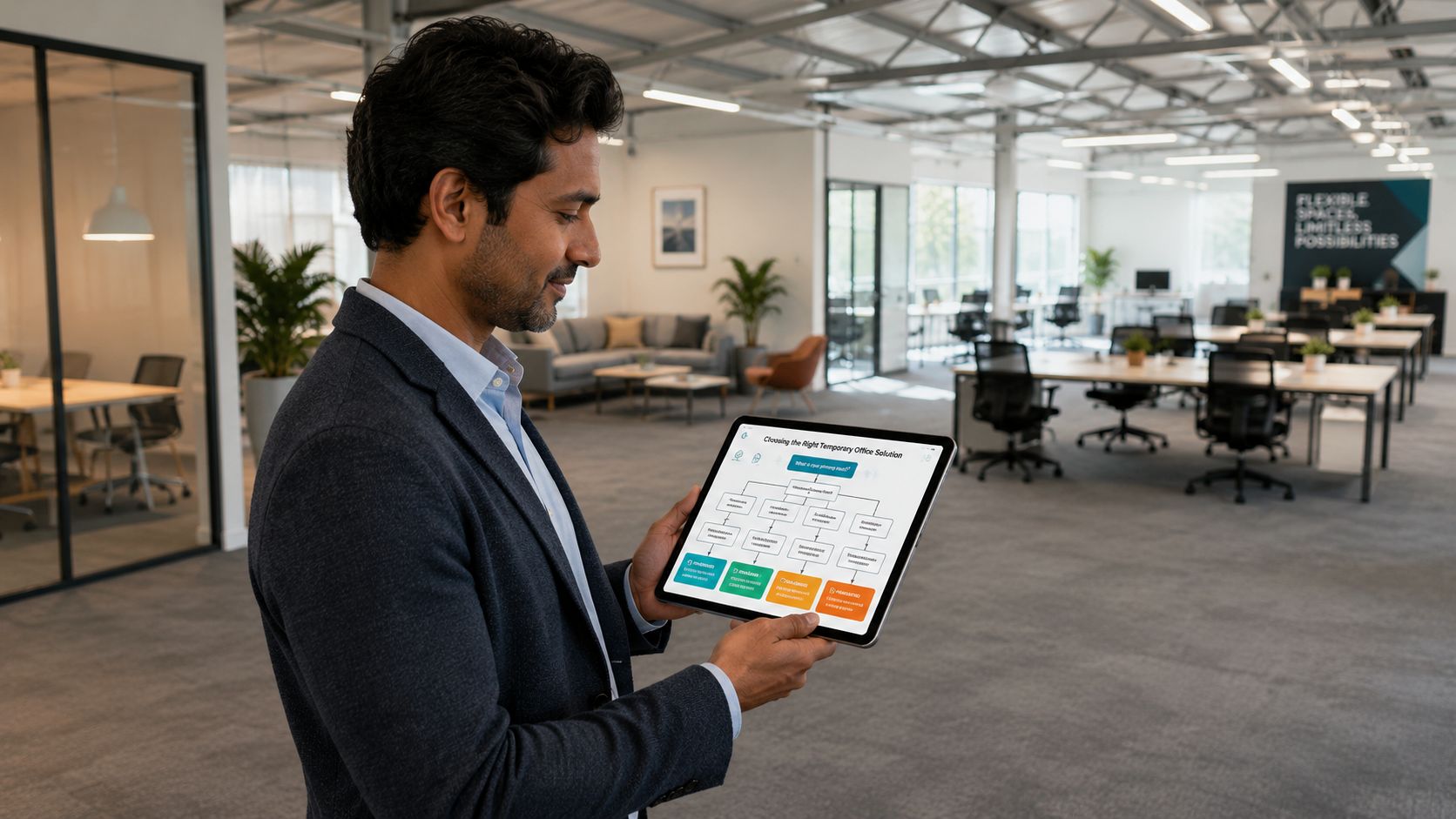 A professional man holding a tablet displaying a flowchart about selecting temporary office solutions in a modern workspace.
