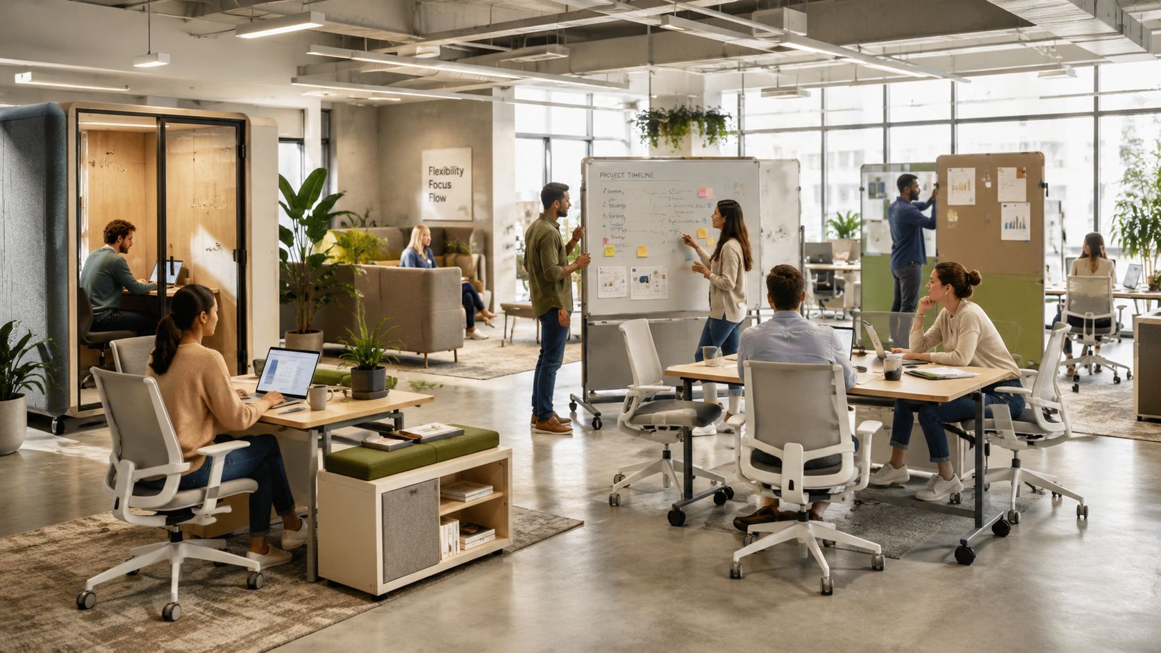 A bright, modern open-plan office with employees collaborating at desks, standing at whiteboards, and working in privacy pods.