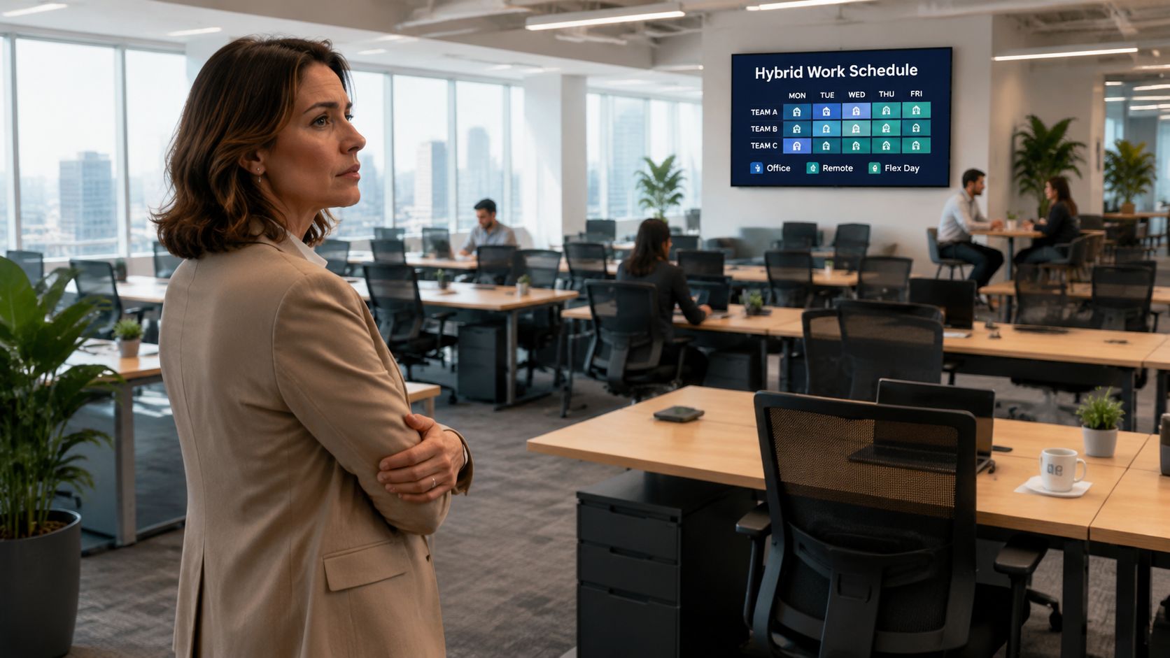 A businesswoman standing in a modern open-plan office with a digital hybrid work schedule display on wall.